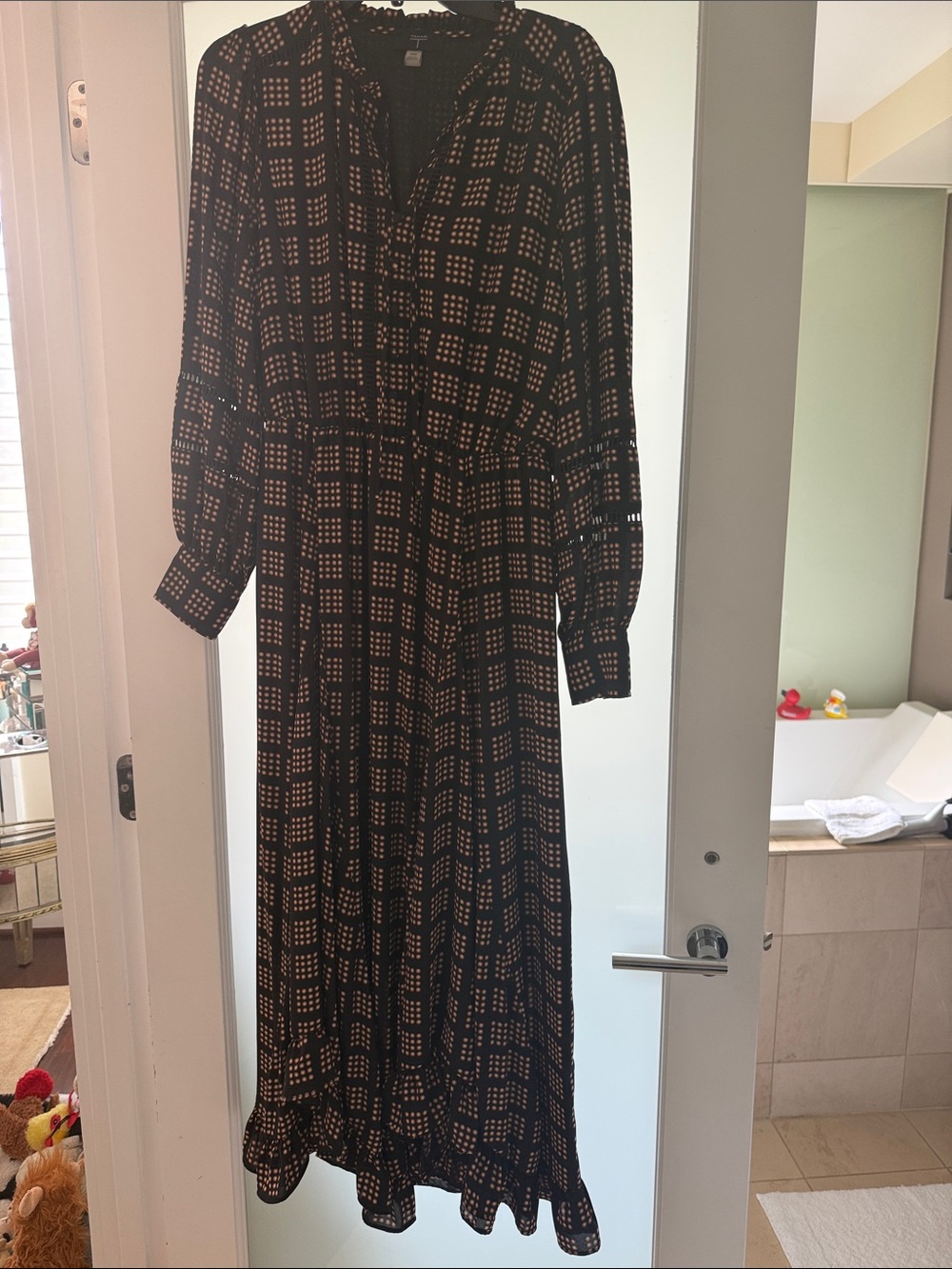 Tahari Black Midi Dress with Tan Grid Print